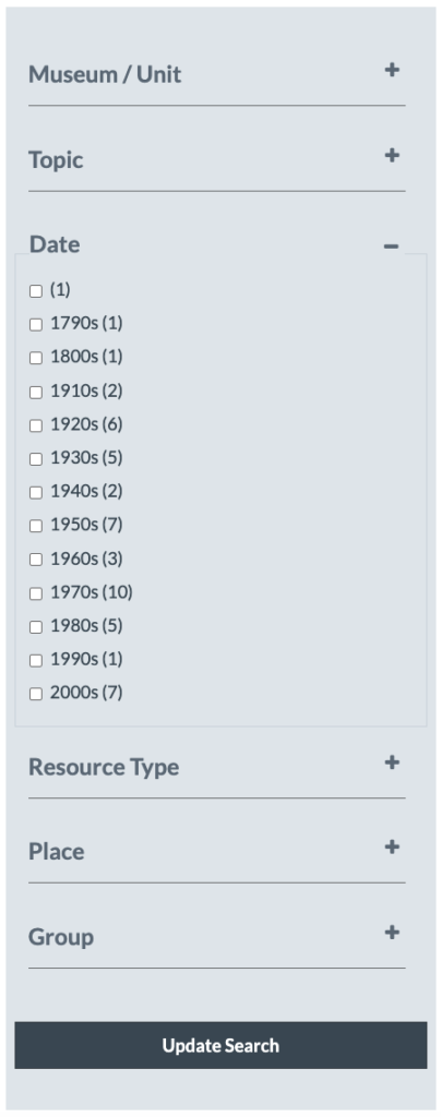 A screen shot of the Smithsonian's search sidebar